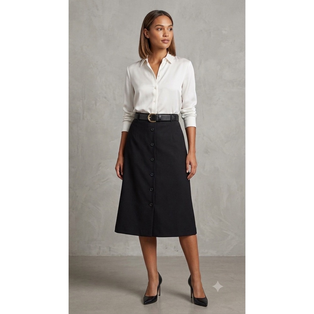 J. Jill Simple 120 Black Washable Wool Button Front Skirt 12 Lined Office NWT